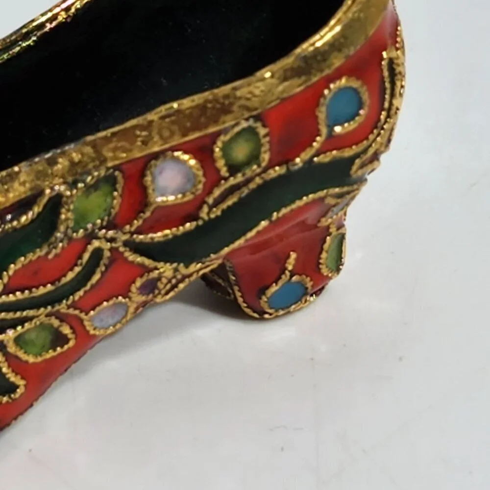 Enameled Cloisonne Miniature Shoe With Floral Design & Gold Detailing